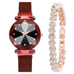 Women's Watch Square Diamond Rhinestone Starry Sky Face Ladies Casual Fashion Watch Set Bracelet Watch